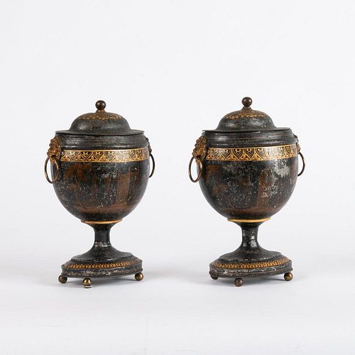 19th c. English Regency Tole Chestnut Urns, Pair