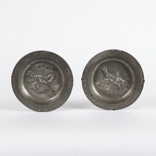Pair of German Pewter Hunting Plates, Dated 1730