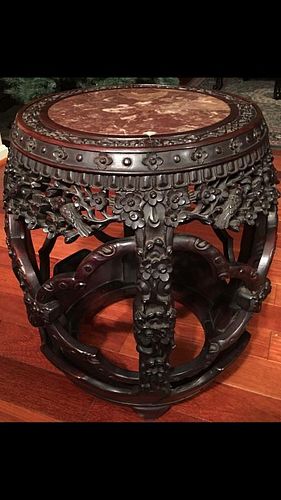 ANTIQUE Large Chinese Hardwood Carved Stand with Marble top, late 19 century, 20 1/2"H  x 18" W