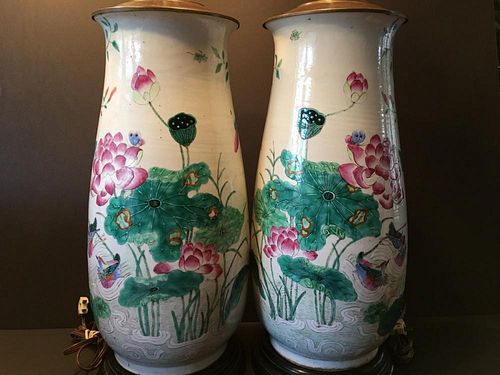 ANTIQUE Chinese Large Famillie Rose flower Vase Lamps, early 19th century. Vase itself 18" high