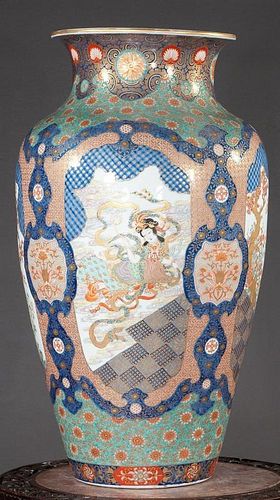 ANTIQUE Japanese Huge Flower Vase with Figurines, Ca 1875. 30" high. Marked on the bottom