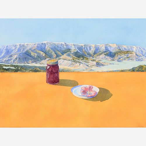 CONNIE MURRAY / Still Life with View of the Valley (1991 Watercolor)