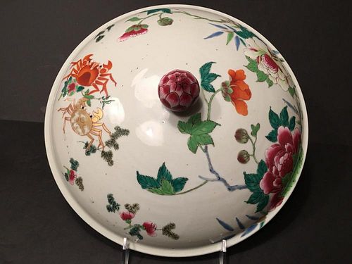 ANTIQUE Chinese Rose Bowl Cover with Crabs and flowers, 11 1/4" diameter. 18th Century