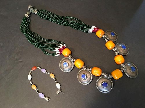 ANTIQUE Chinese Mila Silver necklace and Feicui Jade bracelet, late 19th Century, 16" long, 7 1/2" long