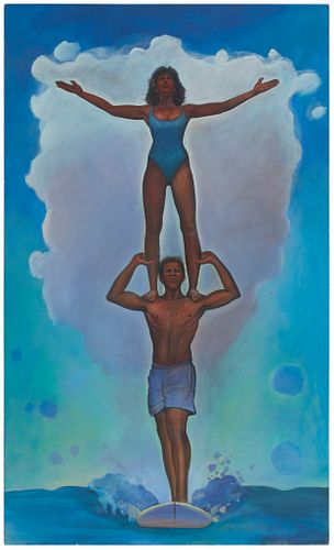 Hank Pitcher (b.1949), "Tandem Surfing #2," 1987, Oil on canvas, 80" H x 48" W