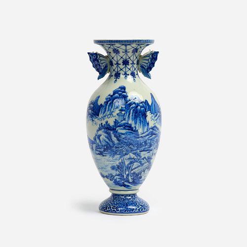 Japanese Studio Landscape Vase with Butterfly Handles