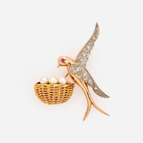 Bird and Basket Brooch: Diamond, Pearl, 18k