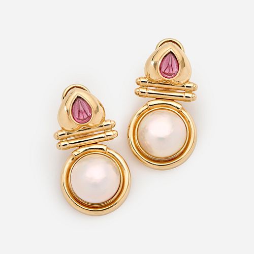 Tourmaline and Mauve' Pearl Earrings in 14k
