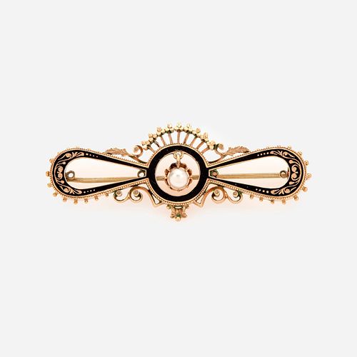 Victorian Pearl and Enamel Bar Pin / Brooch in 14k