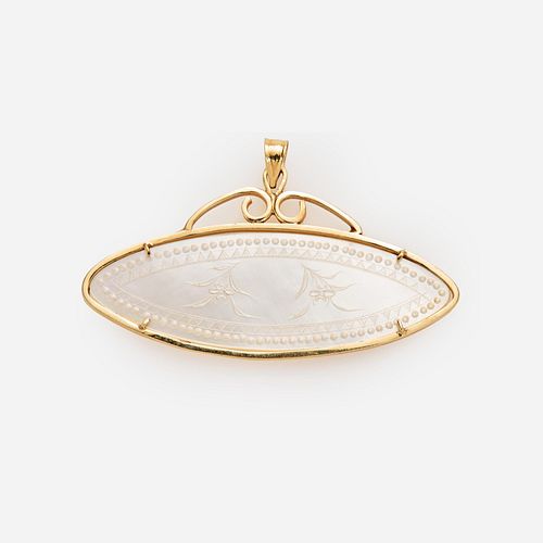  Mother of Pearl Chinese Gaming Token Pendant in 14k