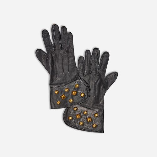 Hermes Black Leather Studded Gloves Size 7.5