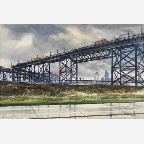 FREDERIC JAMES "Bridge into Kansas City" (Watercolor)