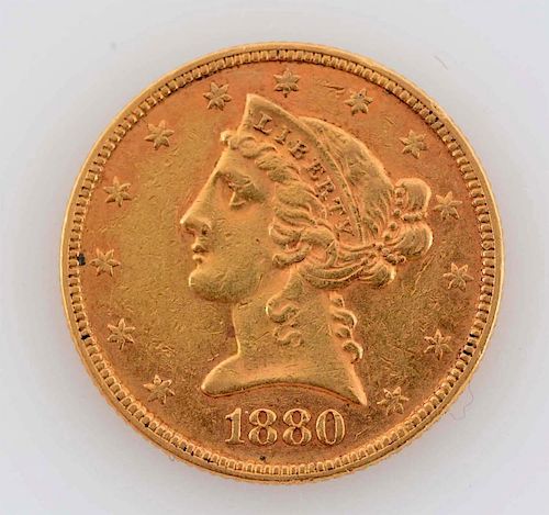 1880 $5 Gold Liberty Coin.