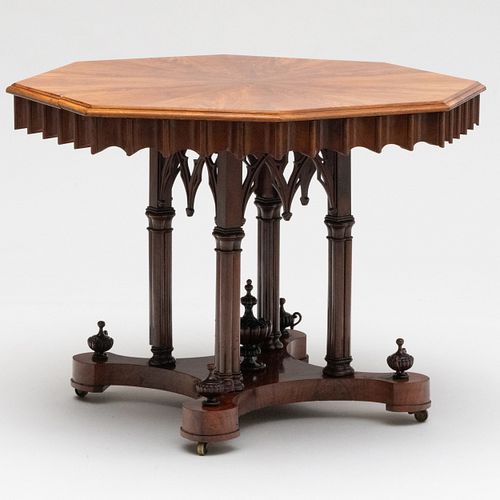 North European Neo-Gothic Carved Mahogany Octagonal Center Table