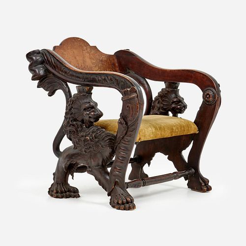 19th c. French Carved Lion Bishop's Chair, Inlaid Crest