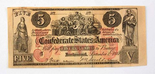 1861 Confederate 5$ Banknote.