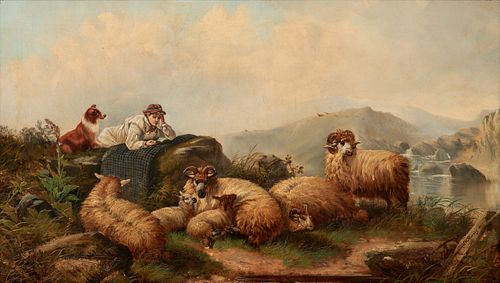 J.W. MORRIS "Shepherd with Highland Sheep" (1877 Oil)