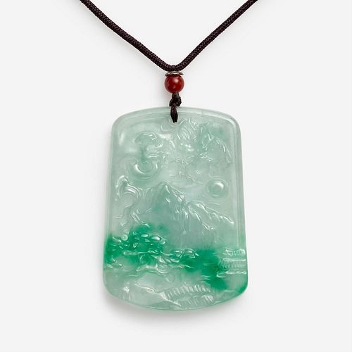 Chinese Carved Jadeite Dragon Mountain Landscape Pendant Necklace 