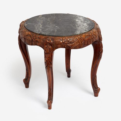 Antique Walnut Side Table, Bird Motif & Marble Top
