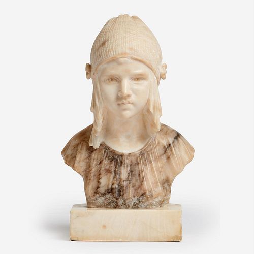 Alabaster Bust of a Girl with Knit Cap, Signed Pedrini
