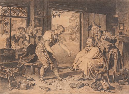 Mid-19th c. Pencil Drawing, Genre Scene with Cobbler