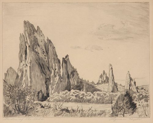 Lyman Byxbe Pencil-Signed Etching, Garden of the Gods