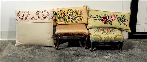 * A Group of Two Foot Stools and Three Associated Pillows. Height of tallest 7 1/2 inches.