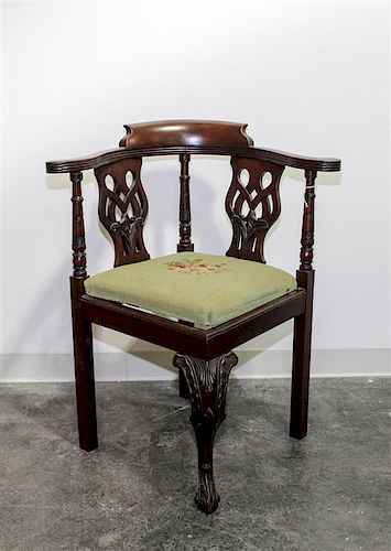 A Georgian Style Mahogany Corner Chair Height 33 1/4 inches.