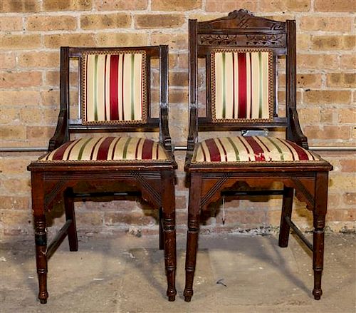 A Near Pair of Victorian Walnut Side Chairs Height of taller 35 1/2 inches.
