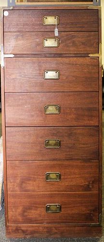 A Campaign Style Chest of Drawers Height 52 1/4 x width 22 x depth 16 inches.