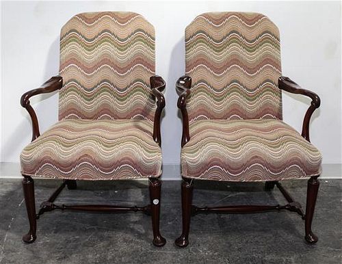* A Pair of Queen Anne Style Mahogany Open Armchairs Height 38 inches.