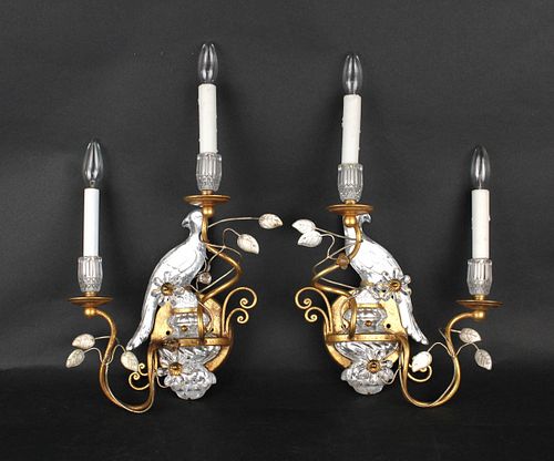 Pair of Gilt-Metal and Crystal Bird-Form Sconces