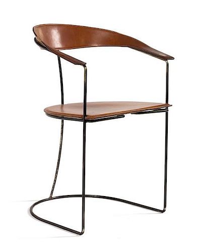 An Enameled Metal and Brown Leather Horseshoe Back Chair Height 30 1/2 inches.