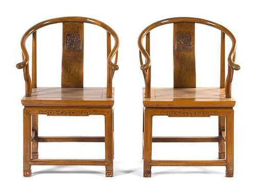 A Pair of Elmwood Horseshoe Back Chairs, Quanyi Height 38 3/8 inches.