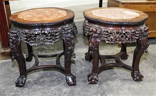 Three Carved Chinese Hardwood Taborets Height of taller 36 inches.