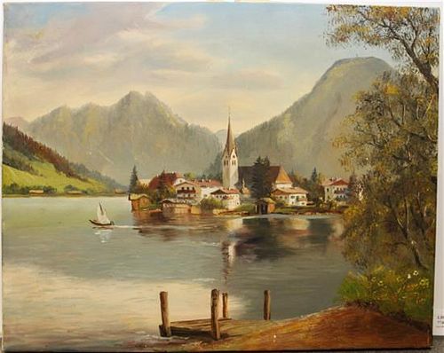Artist Unknown, (German, 19th/20th century), Village Scene with Mountains and Lake