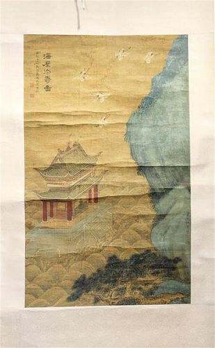 After Qiu Ying, (1494-1552), depicting five cranes flying above a pavilion encircled by waves