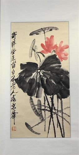 After Qi Baishi, (1864-1957), Lotus depicting two pink lotuses and large lotus leaves