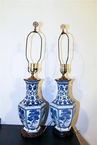 * A Pair of Chinese Blue and White Porcelain Vases Height of porcelain 13 1/2 inches.