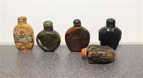 Five Hardstone Snuff Bottles Height of tallest 2 1/2 inches.