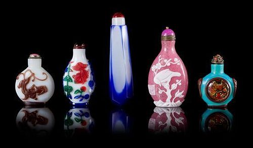 Five Glass Snuff Bottles Height of tallest 4 inches.
