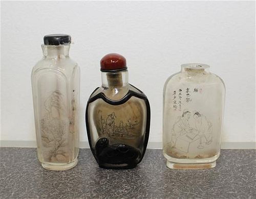 Three Inside Painted Glass Snuff Bottles Height of tallest 3 1/2 inches.