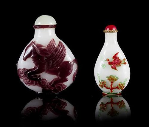 Two Peking Glass Snuff Bottles Height of taller 3 inches.