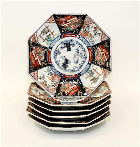 A Set of Six Imari Palette Porcelain Plates Diameter 9 1/4 inches.