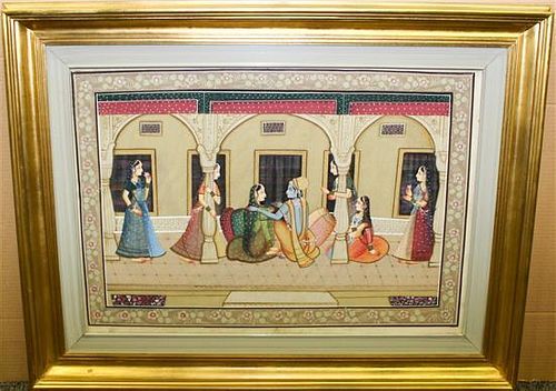 A Indo-Persian Gouache Painting. Height 31 x width 41 inches (framed).