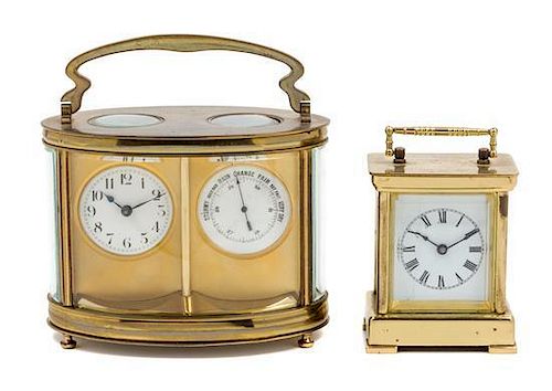 Two French Brass Carriage Clocks Height of first 4 1/2 x width 5 3/4 inches.
