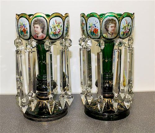 A Pair of Bohemian Glass Mantle Lustres Height 13 1/4 inches.
