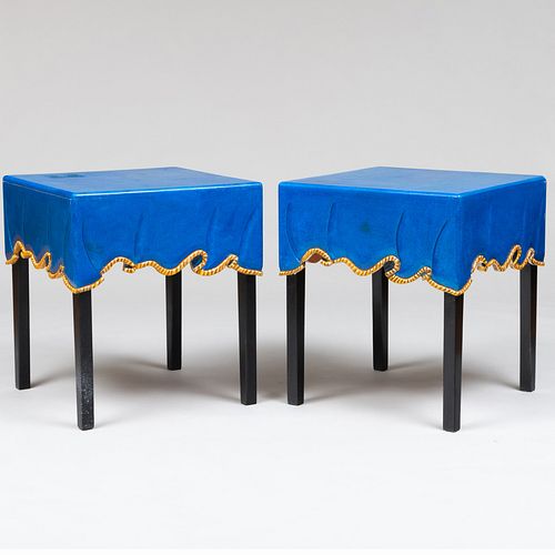 Pair of Modern Ebonized and Blue Painted Faux Fabric Side Tables
