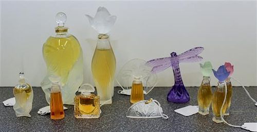 * A Collection of Eleven Lalique and Other Perfume Bottles. Height of tallest 5 3/4 inches.