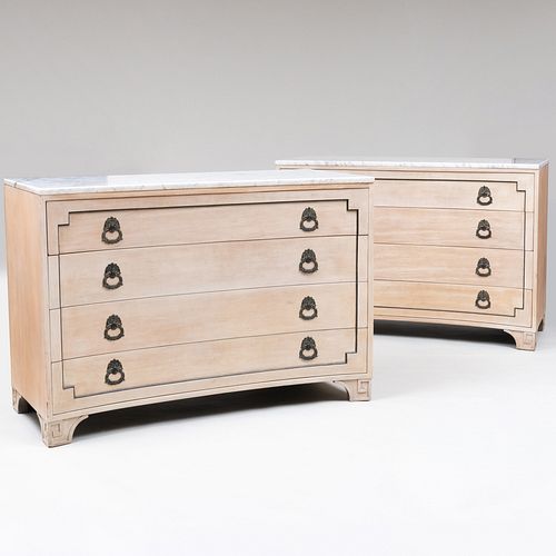 Pair of Modern Metal Mounted Pickled Wood and Ebonized Incurved Chest of Drawers with Marble Tops